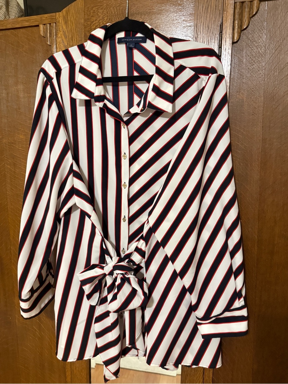 Tommy Hilfiger Navy, Red & White Striped Button-Front Waist Tie Top, 2X